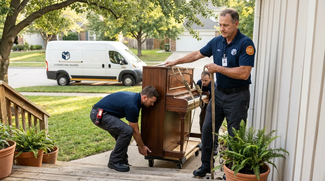 Licensed piano movers securing grand piano in Jonesboro, IL