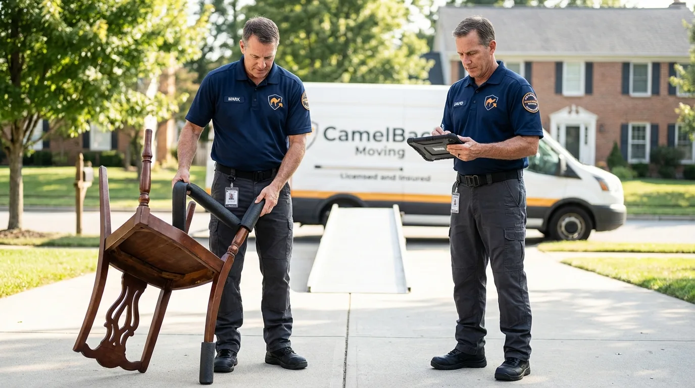 Movers inspecting furniture for damage prevention before loading in Jonesboro, IL