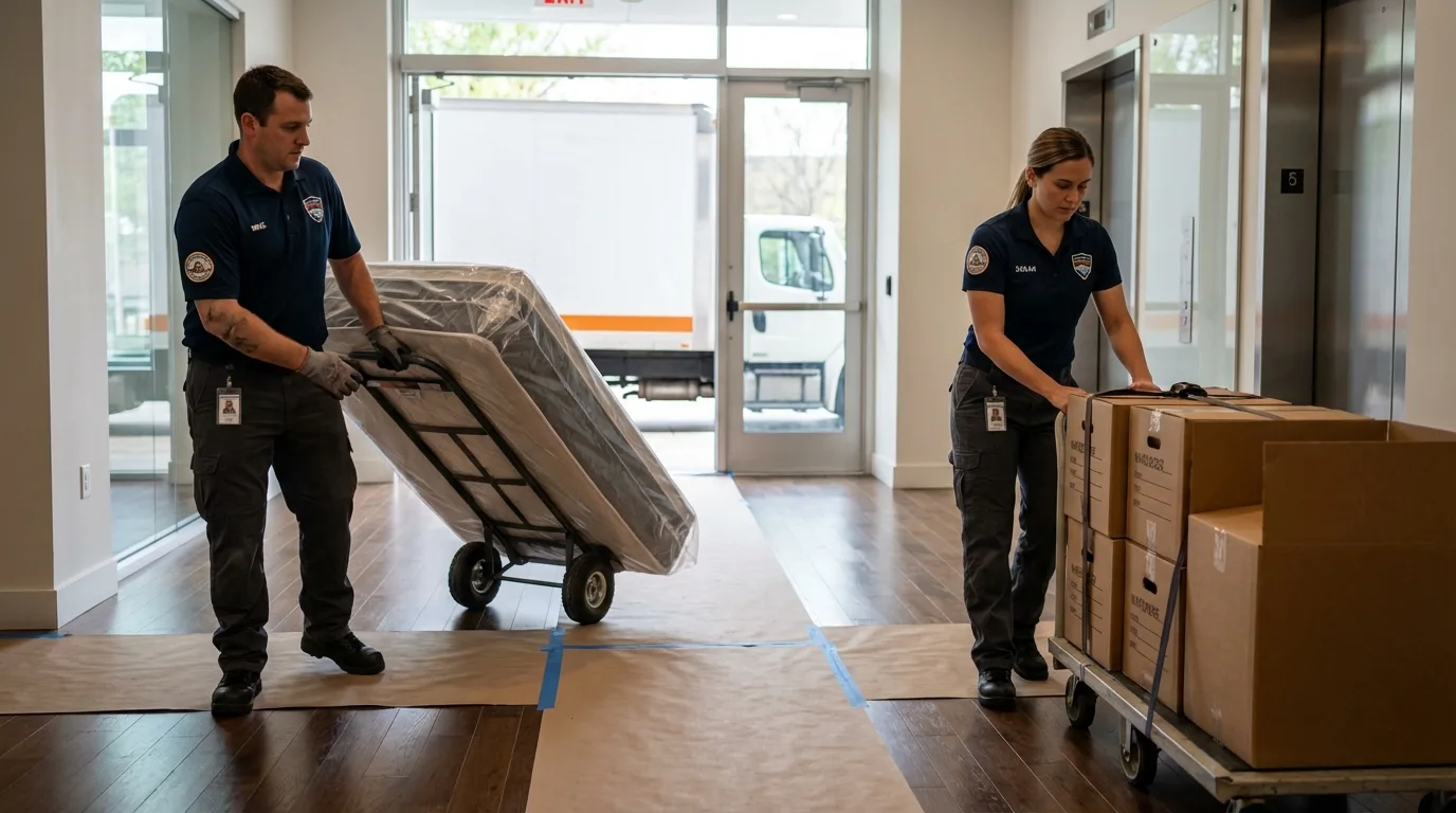 Professional apartment movers loading elevator in Jonesboro, IL